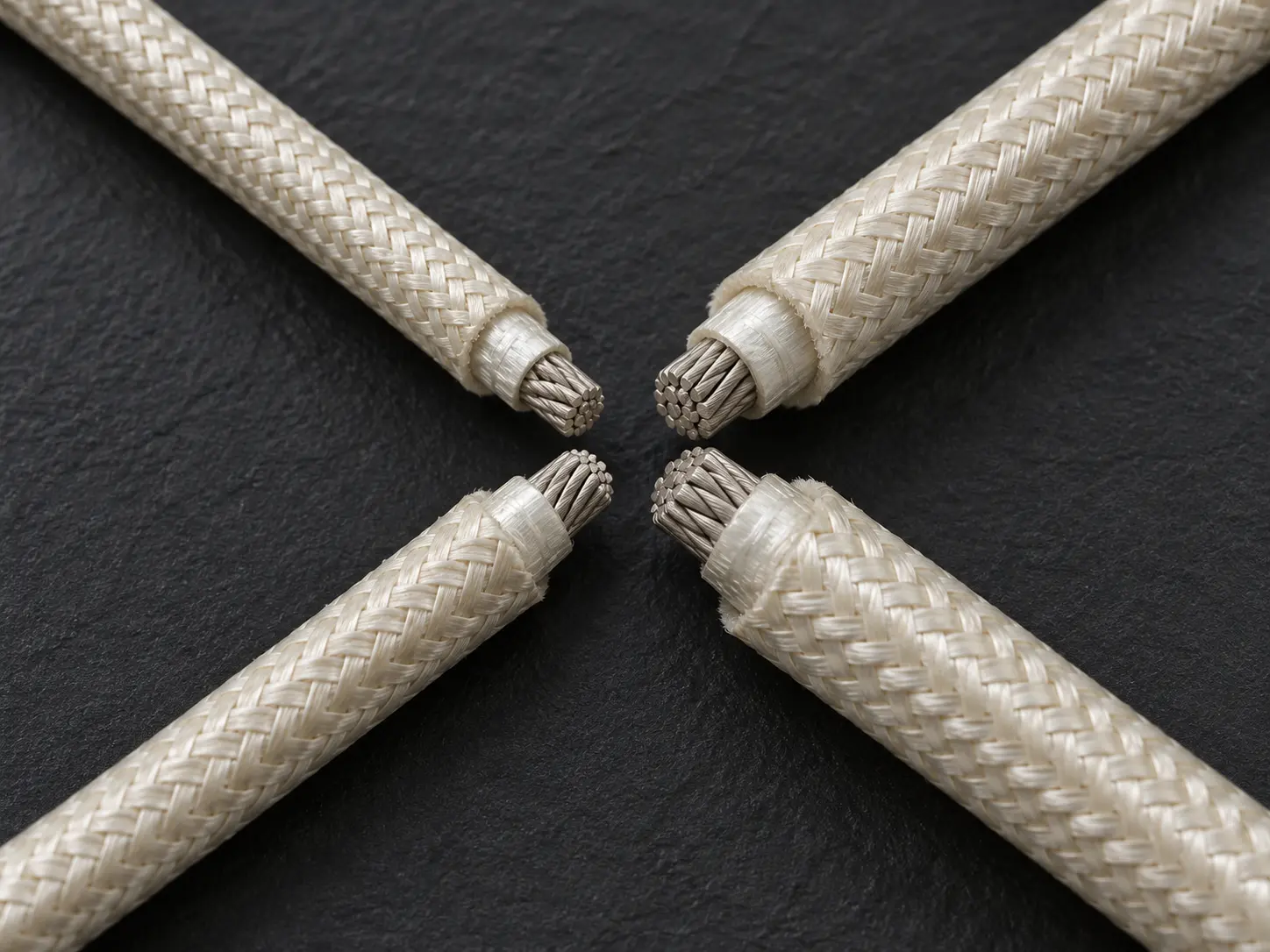 UL 5360 7–4 AWG stranded mica wire lengths arranged radially with cut ends meeting at the centre