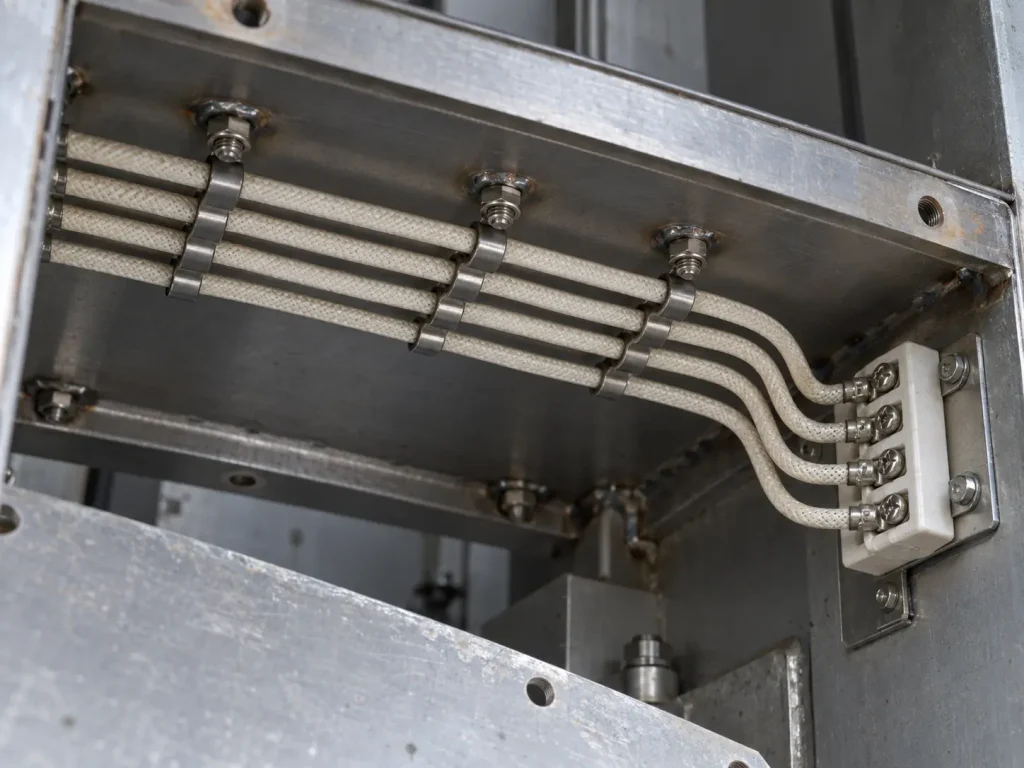 UL 5360 7–4 AWG mica wire fixed beneath an internal mounting deck behind a bolted cover