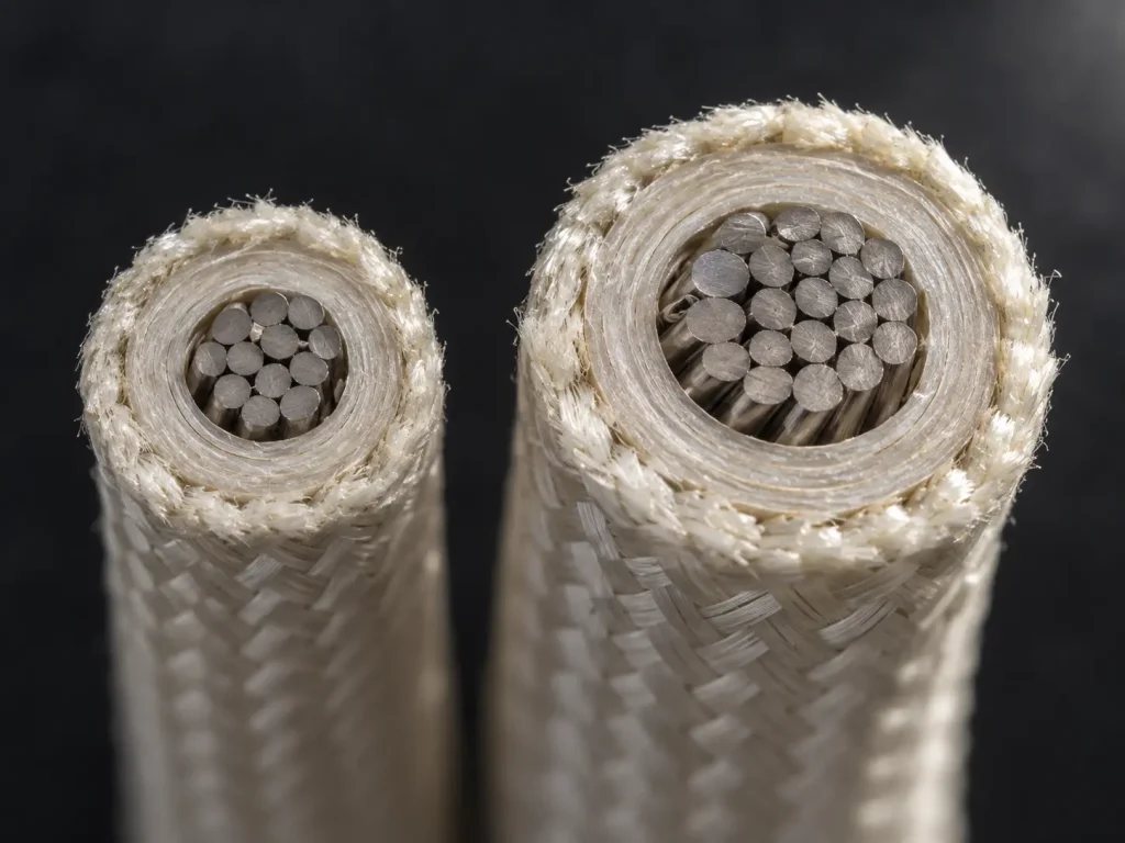 Macro of two UL 5360 cut faces at the ends of the 7–4 AWG group showing stranded conductors, mica and glass braid