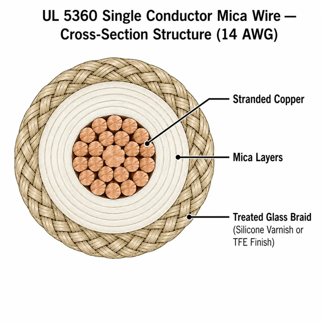 UL 5360 cross-section showing mica layers and treated glass braid