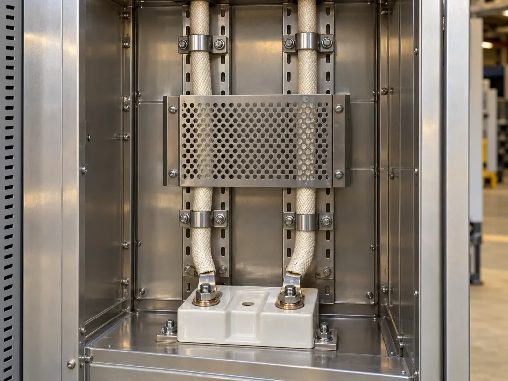 UL 5360 heavy-gauge mica wire fixed on separate protected internal routes behind a guard
