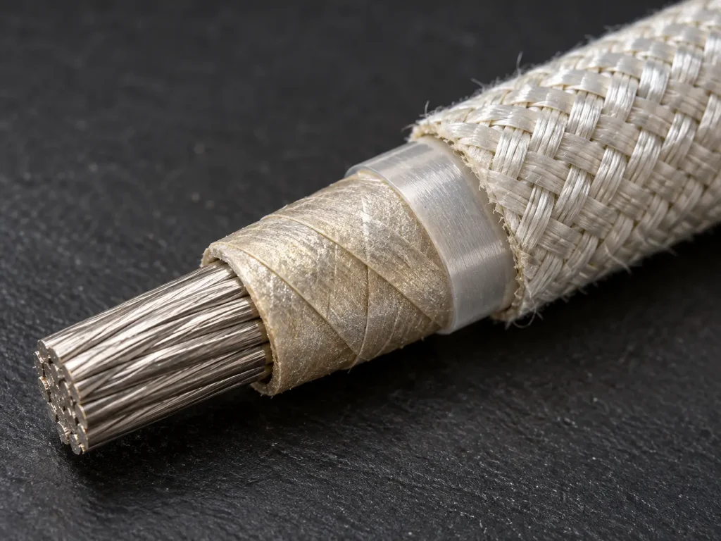 Macro stepped strip of UL 5476 wire showing treated glass braid, a thin intermediate layer, mica tape and conductor