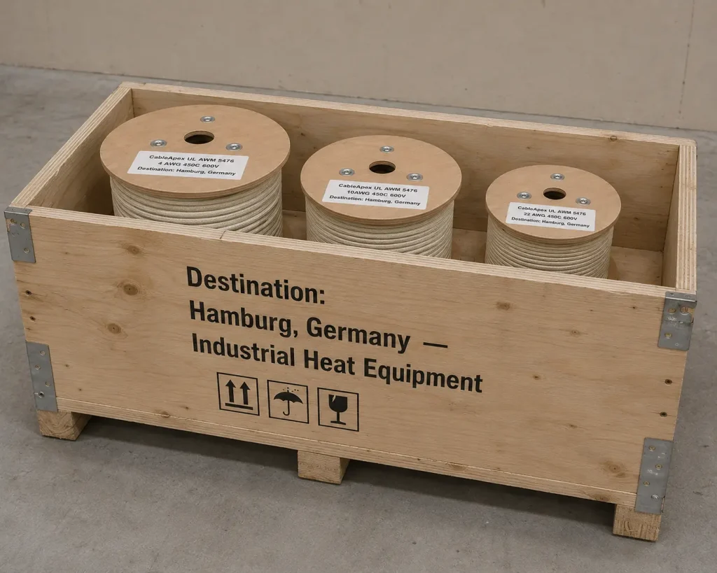 UL 5476 wire spools export crate destined Hamburg Germany