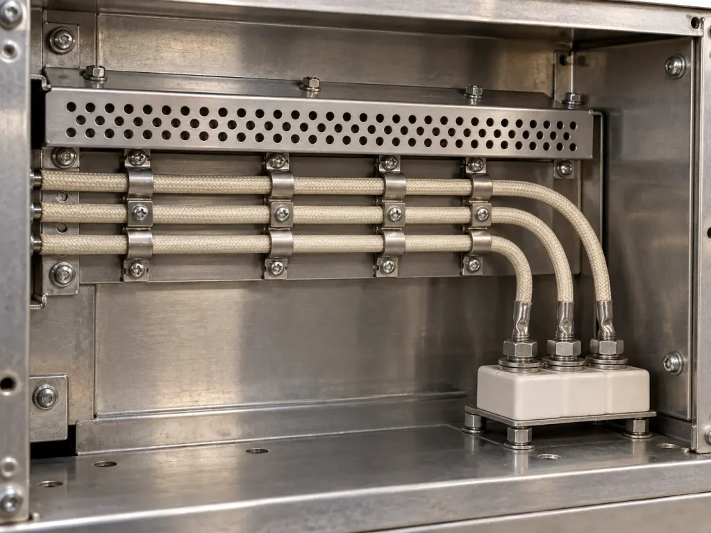UL 5476 mica tape wire fixed on a protected internal rail route to a ceramic stud terminal block