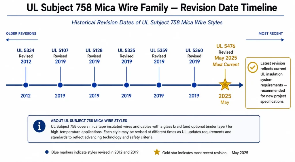 UL Subject 758 mica wire revision date timeline 5476 May 2025 most current revision