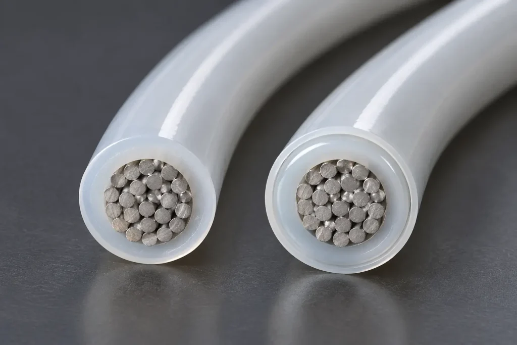 Macro of Style 1332 cut ends comparing plain FEP insulation with an outer covering