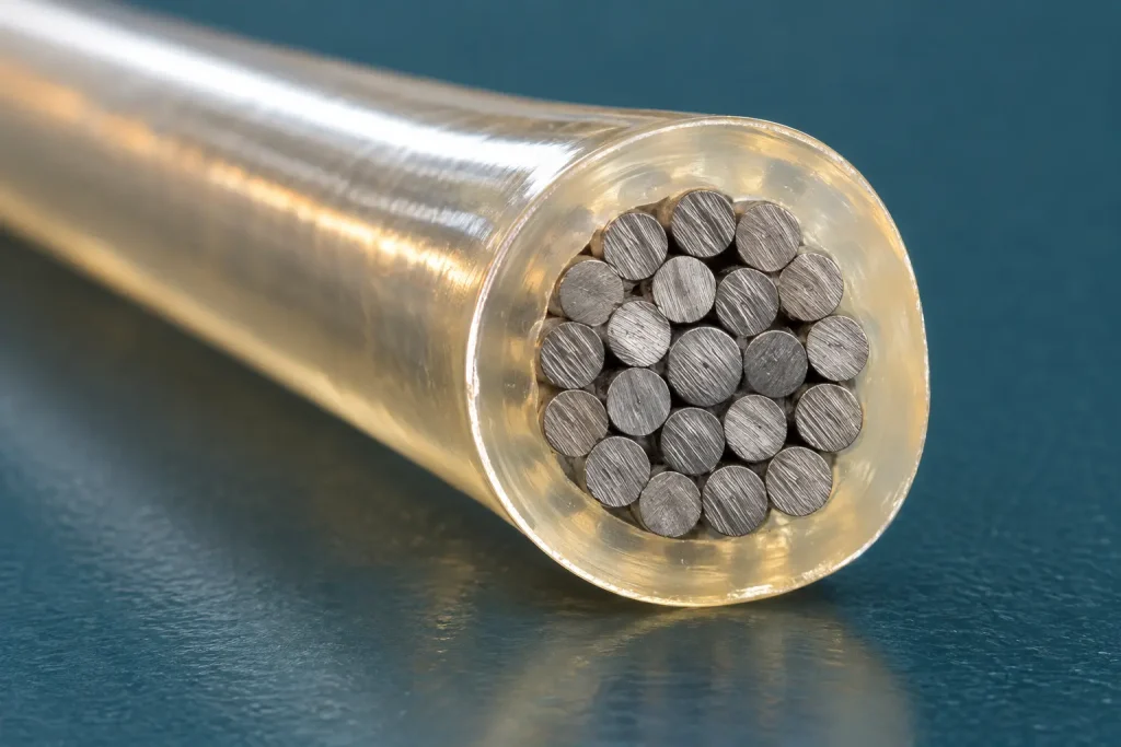 Macro of a Style 1332 cut end showing the extruded FEP insulation wall around the conductor