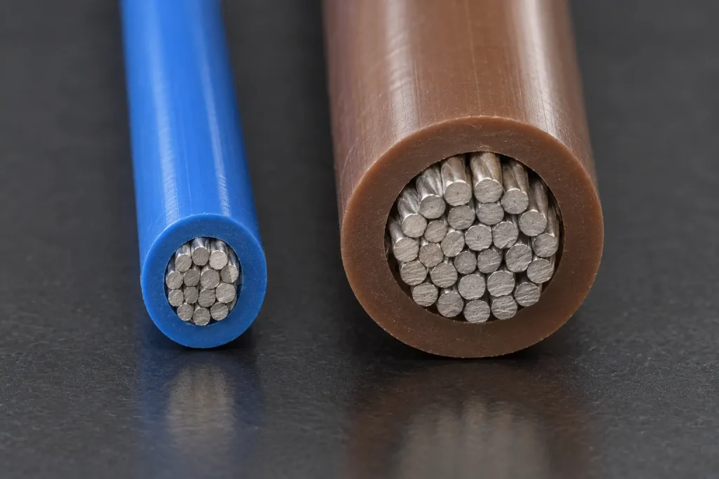 Macro of two Style 1569 cut ends showing the different insulation wall requirements by conductor size