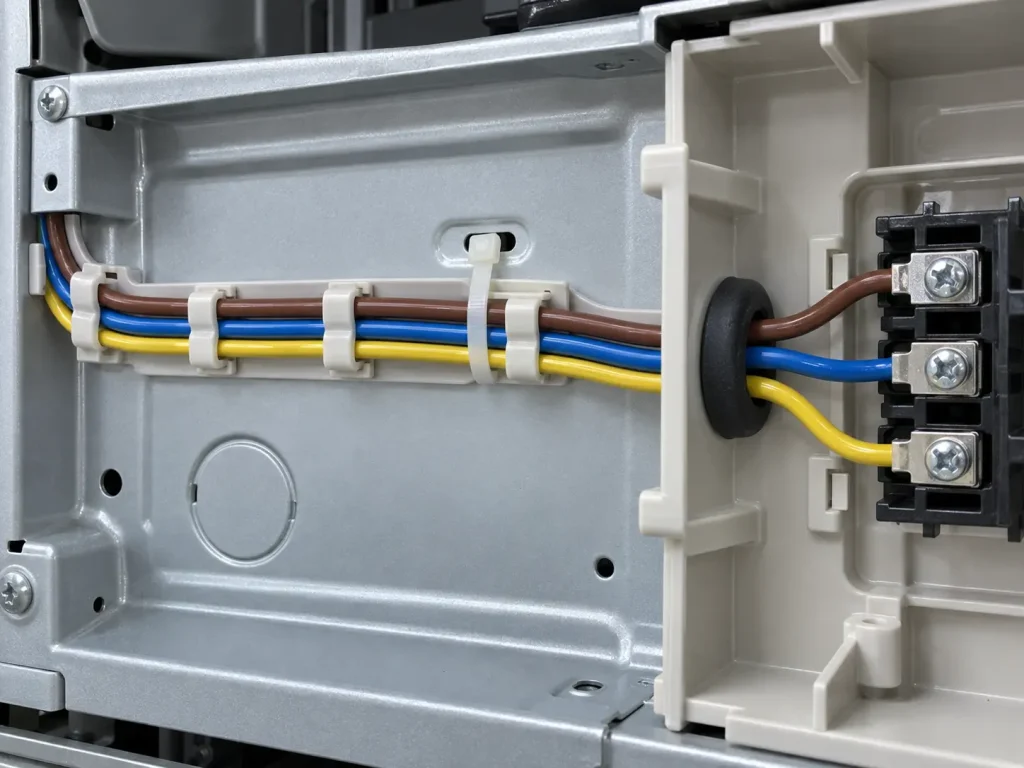 UL Style 1569 PVC wire in a fixed clamped route inside an appliance chassis