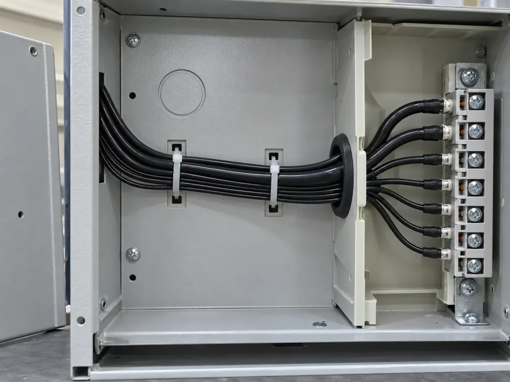 UL Style 1569 PVC wire in a protected internal wiring run to a terminal block