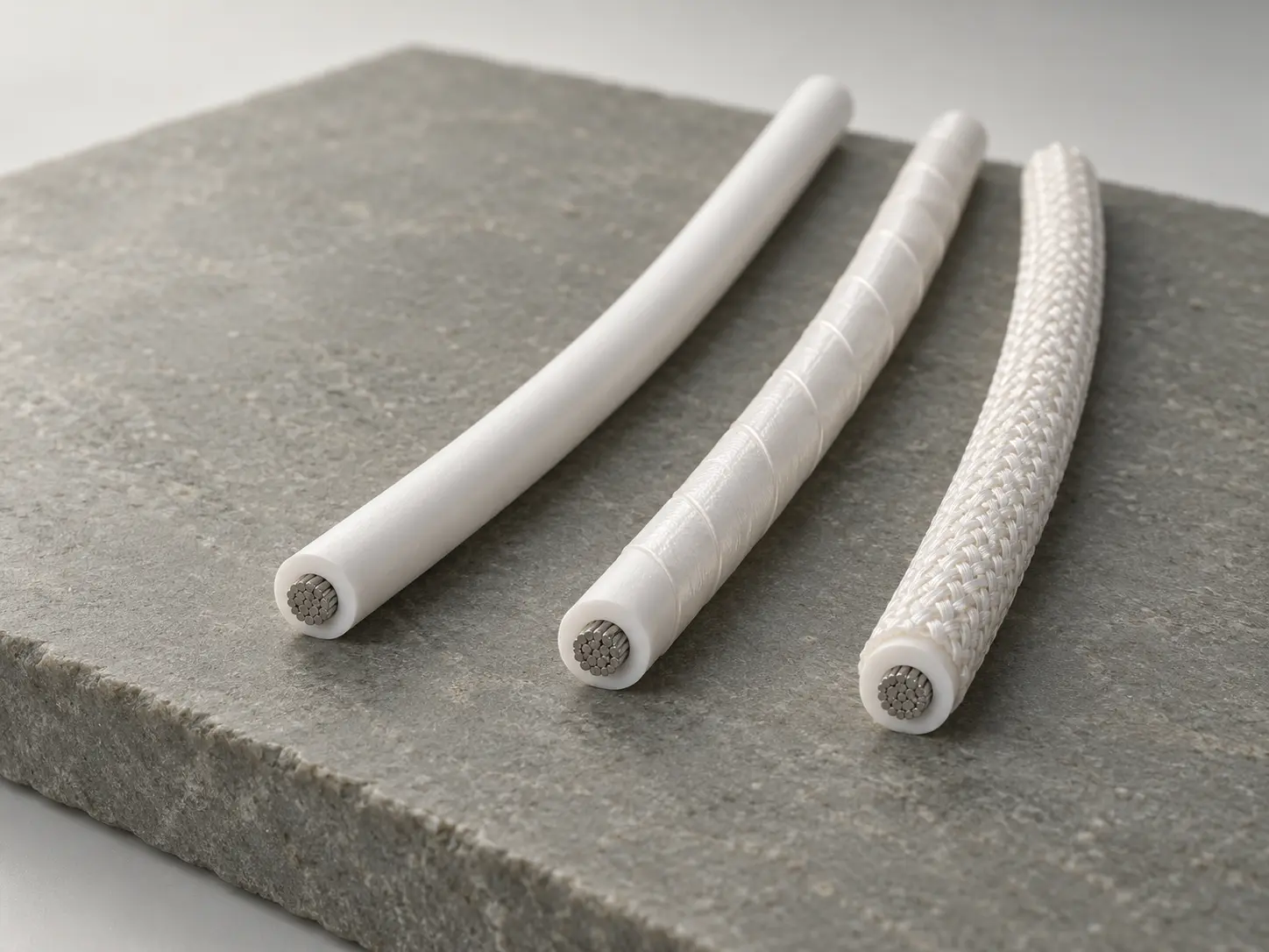UL 1659 PTFE wire showing plain, mica tape wrapped and glass braided construction variants