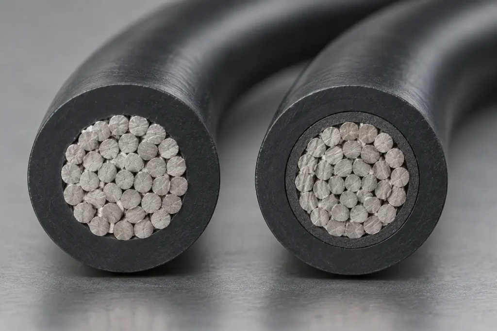 Macro of Style 3271 cut ends with and without the optional semi-conductive layer over the conductor
