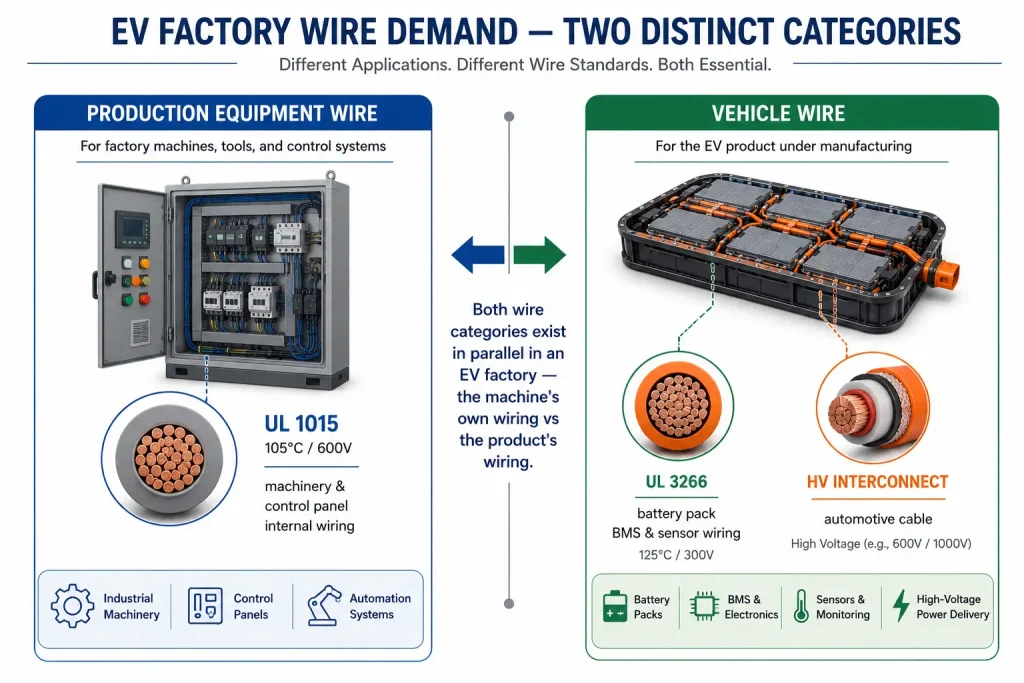 UL 1015 EV factory production equipment wire vs UL 3266 vehicle wire category diagram