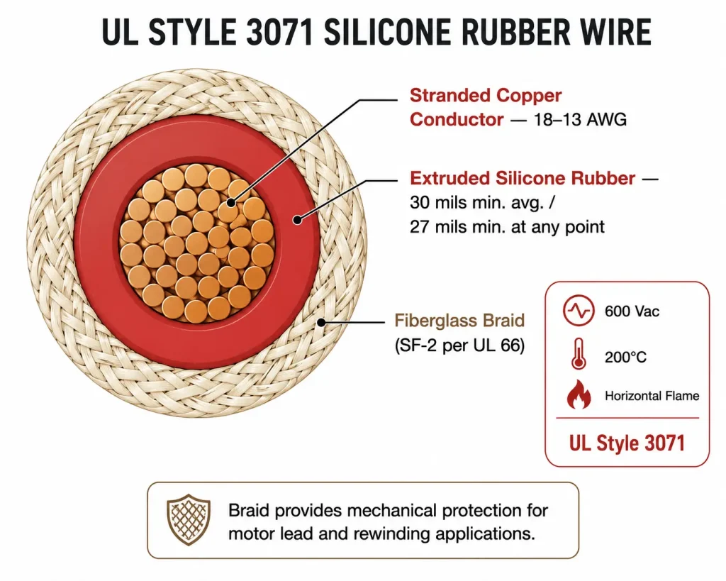 UL Style 3071 cross-section silicone rubber fiberglass braid SF-2 200°C 600V diagram