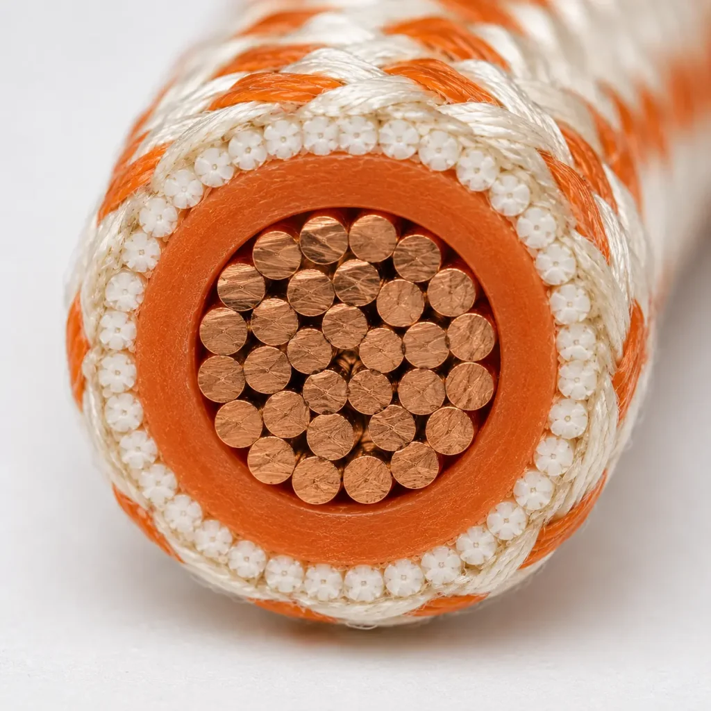Macro cross-section UL 3122 orange silicone 20mil fiberglass braid 200°C 300V