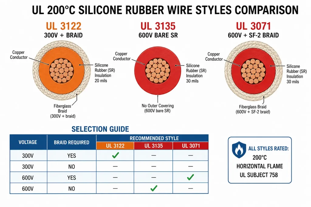 UL 3122 vs 3135 vs 3071 silicone rubber 200°C three style cross-section comparison