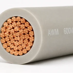 UL AWM Style 3135 14 AWG silicone rubber wire cut-end close-up showing stranded copper conductor and 30 mils extruded silicone insulation wall per UL Subject 758