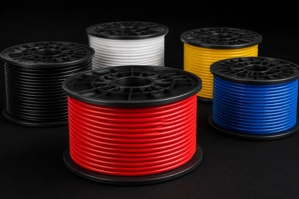 UL AWM Style 3135 14 AWG silicone rubber wire cut-end close-up showing stranded copper conductor and 30 mils extruded silicone insulation wall per UL Subject 758