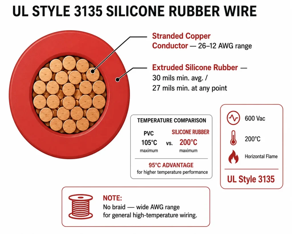 UL Style 3135 cross-section 30mil silicone rubber 200°C 600V 26-12AWG range diagram