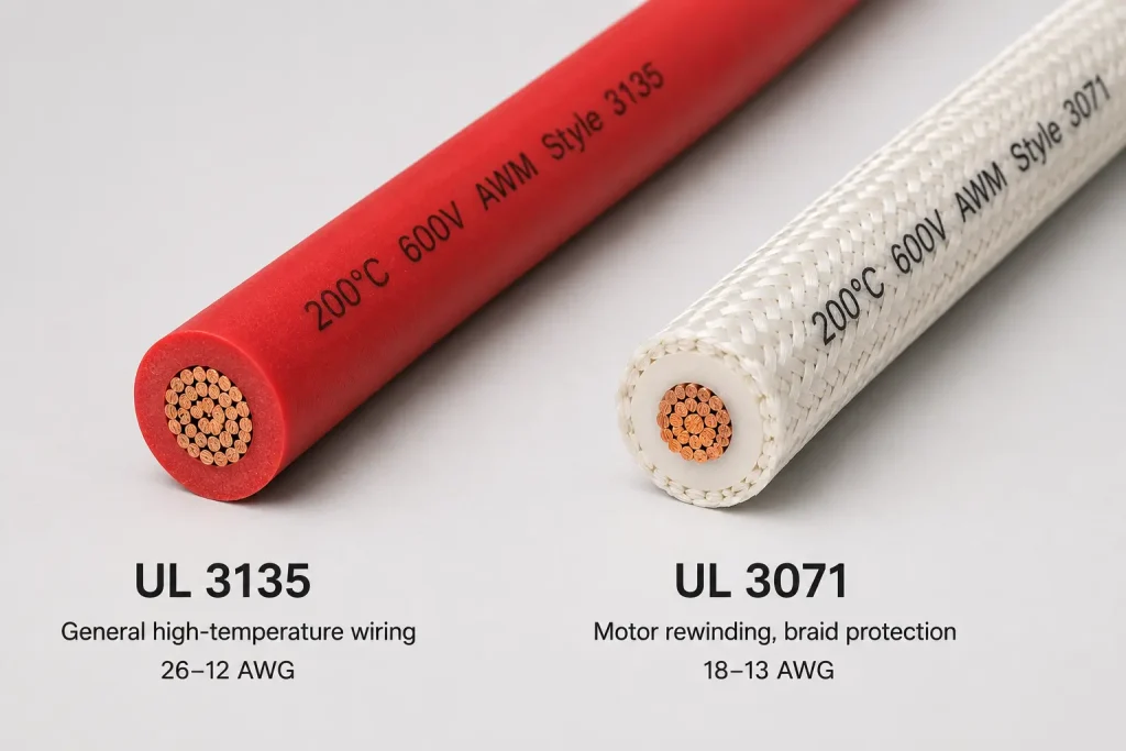 UL 3135 bare silicone vs UL 3071 fiberglass braid heat resistant wire comparison
