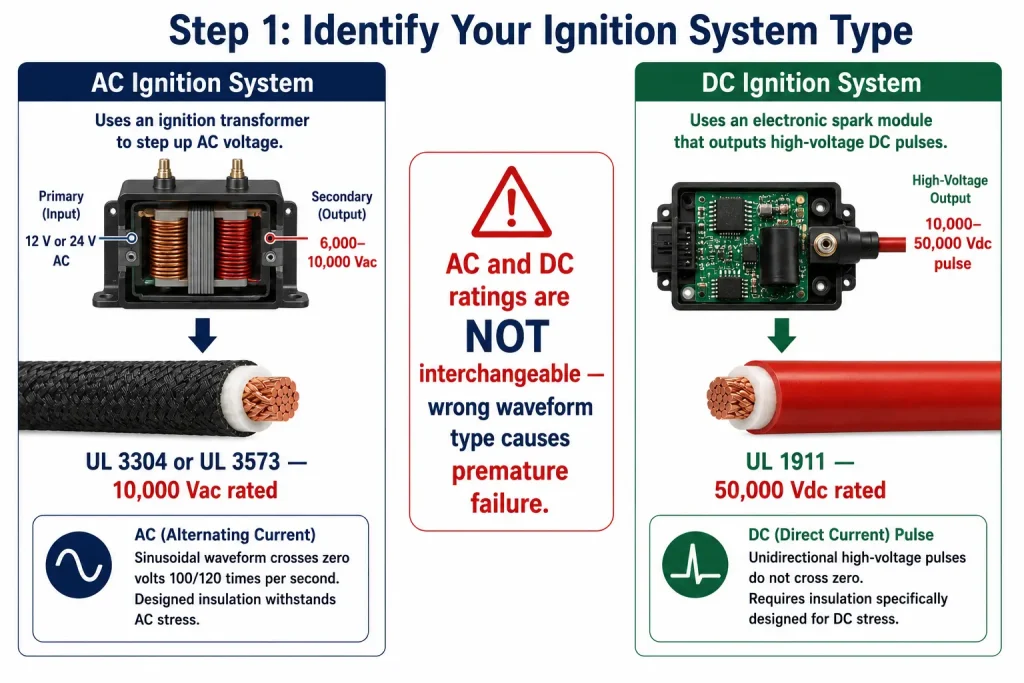 AC transformer UL 3304 3573 vs DC electronic UL 1911 ignition wire selection guide