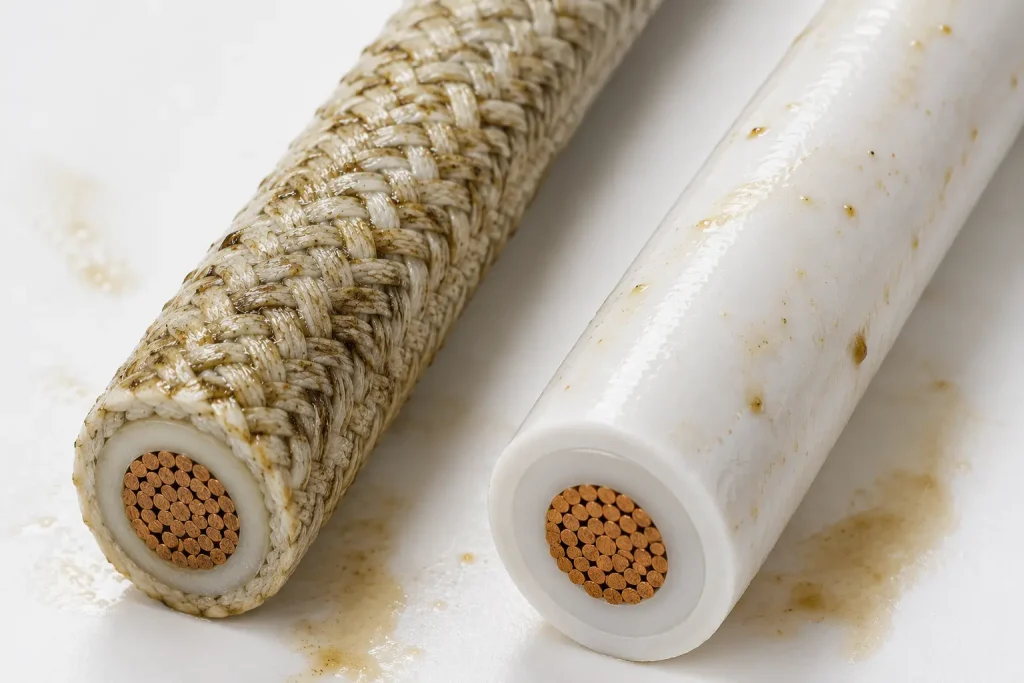 UL 3304 fiberglass braid vs UL 3573 silicone outer jacket surface cleanability comparison