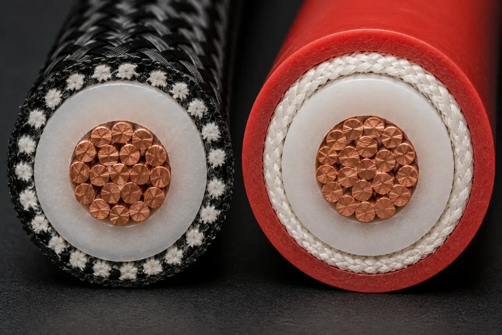 Macro cross-section UL 3304 fiberglass braid vs UL 3573 dual silicone jacket comparison