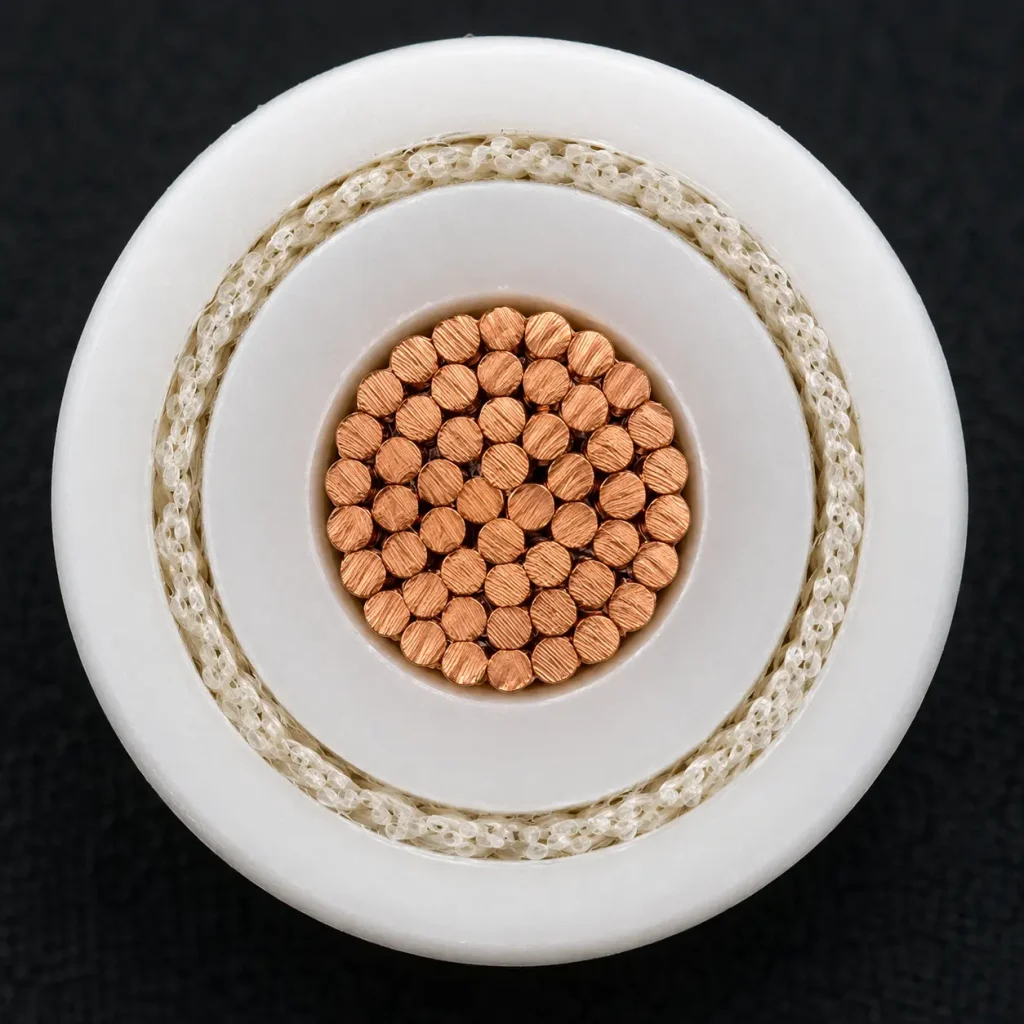 Macro cross-section UL 3573 silicone rubber fiberglass braid outer jacket three layers