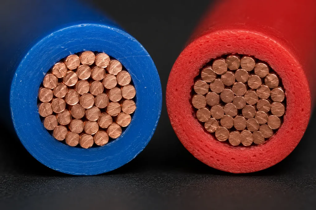 Macro cross-section UL 3271 XLPE blue vs UL 3135 silicone red motor lead comparison