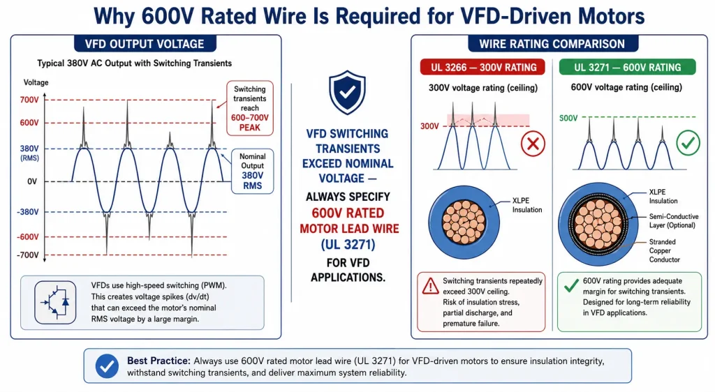 VFD motor lead wire 600V UL 3271 switching transient voltage spike selection guide