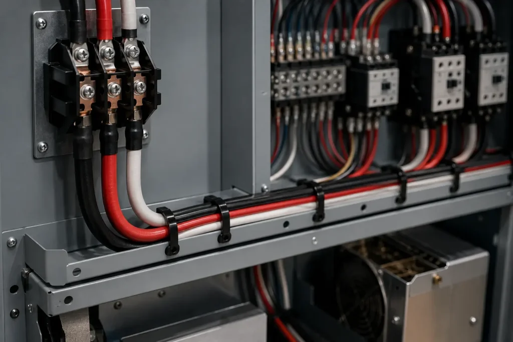 UL AWM 1032 12 AWG PVC wire routed on terminal block inside appliance panel for internal power distribution