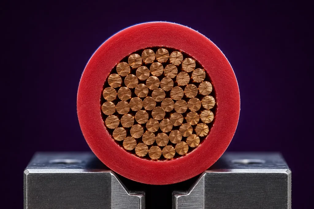 Macro cut end of UL AWM 1032 12 AWG showing 30 mil PVC wall and heavy stranded copper conductor cross-section