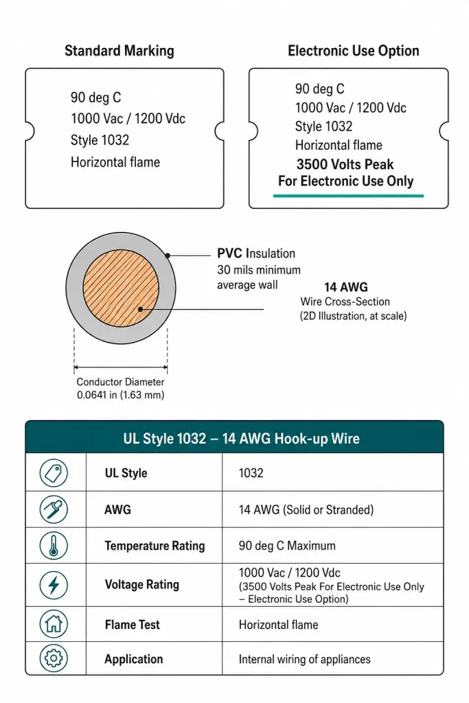 UL AWM 1032 14 AWG marking options diagram standard 1000Vac vs 3500V peak electronic use tag