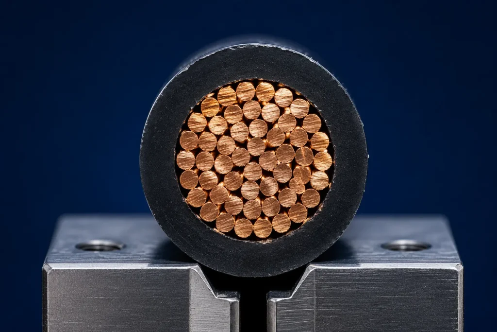 Macro cut end of UL AWM 1032 14 AWG showing 30 mil PVC insulation wall and stranded copper conductor