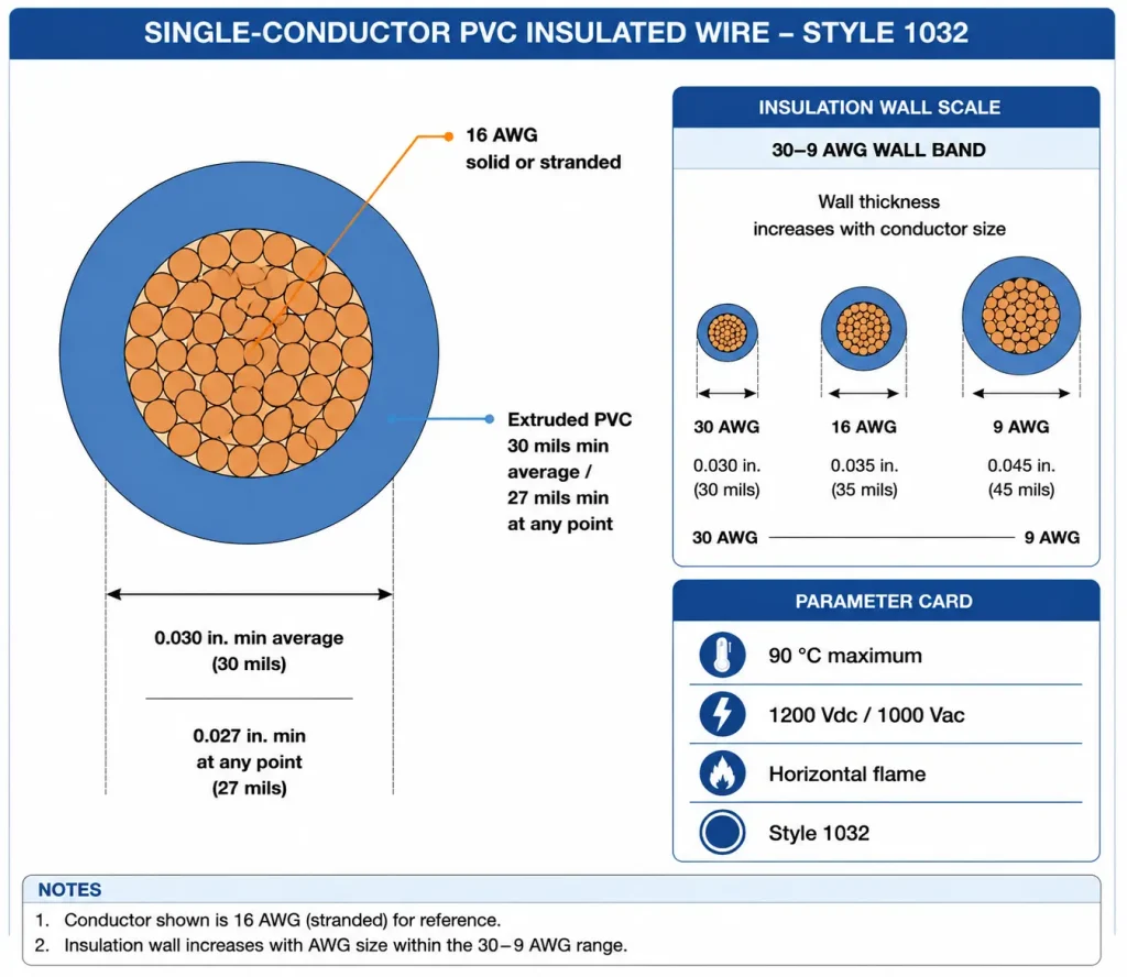 UL 1032 16 AWG cross-section diagram with PVC insulation 30 mils average wall, 1200Vdc 1000Vac rating
