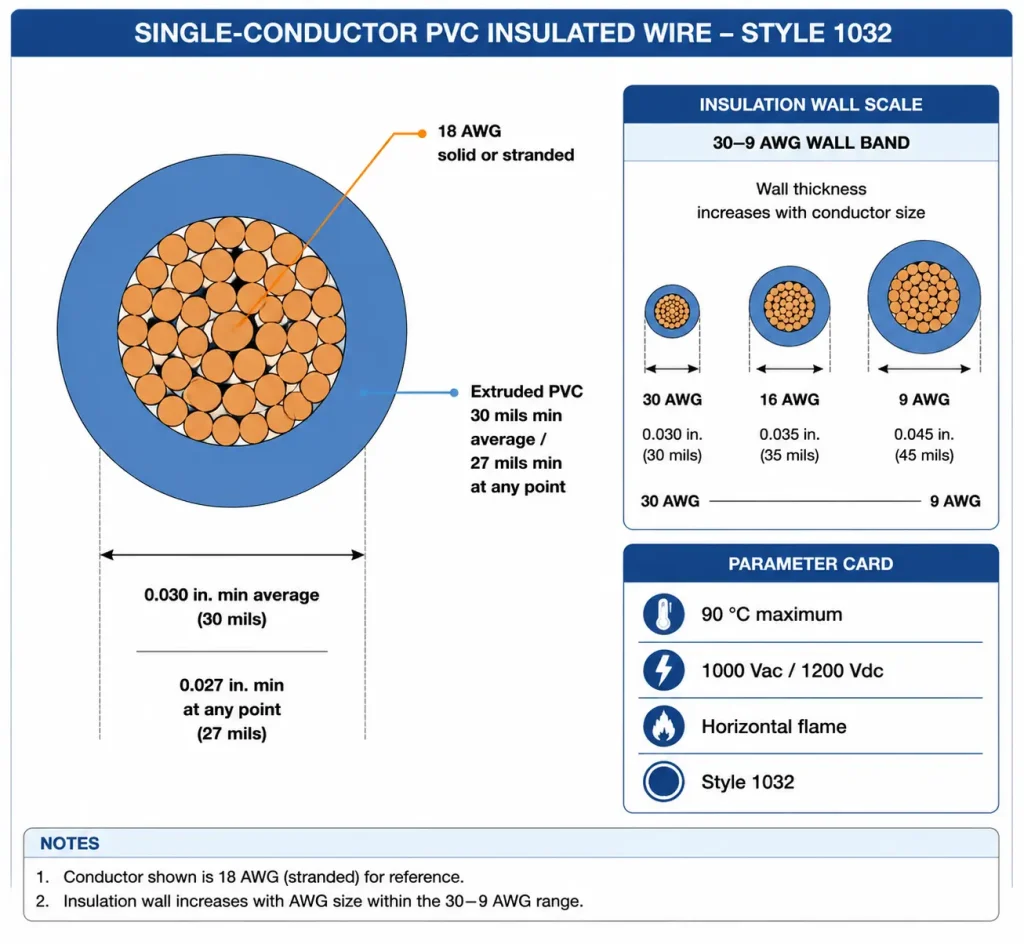 UL 1032 18 AWG technical cross-section diagram, extruded PVC insulation 30 mils average wall, 90C 1000V