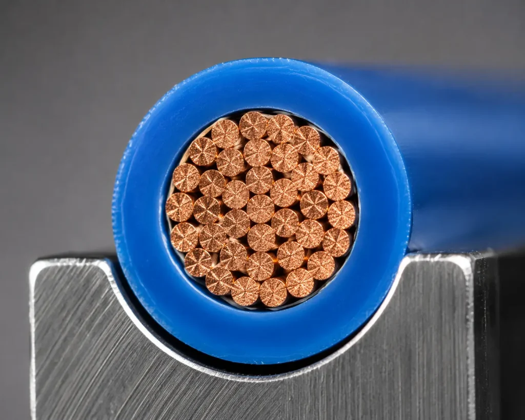 Macro cut end of UL 1032 18 AWG wire showing PVC insulation wall and copper conductor cross-section