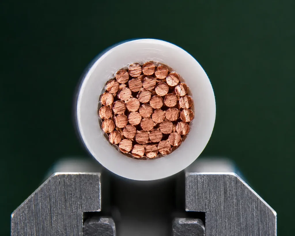 Macro cut end of UL AWM 1032 20 AWG wire showing 30 mil PVC insulation wall and copper conductor