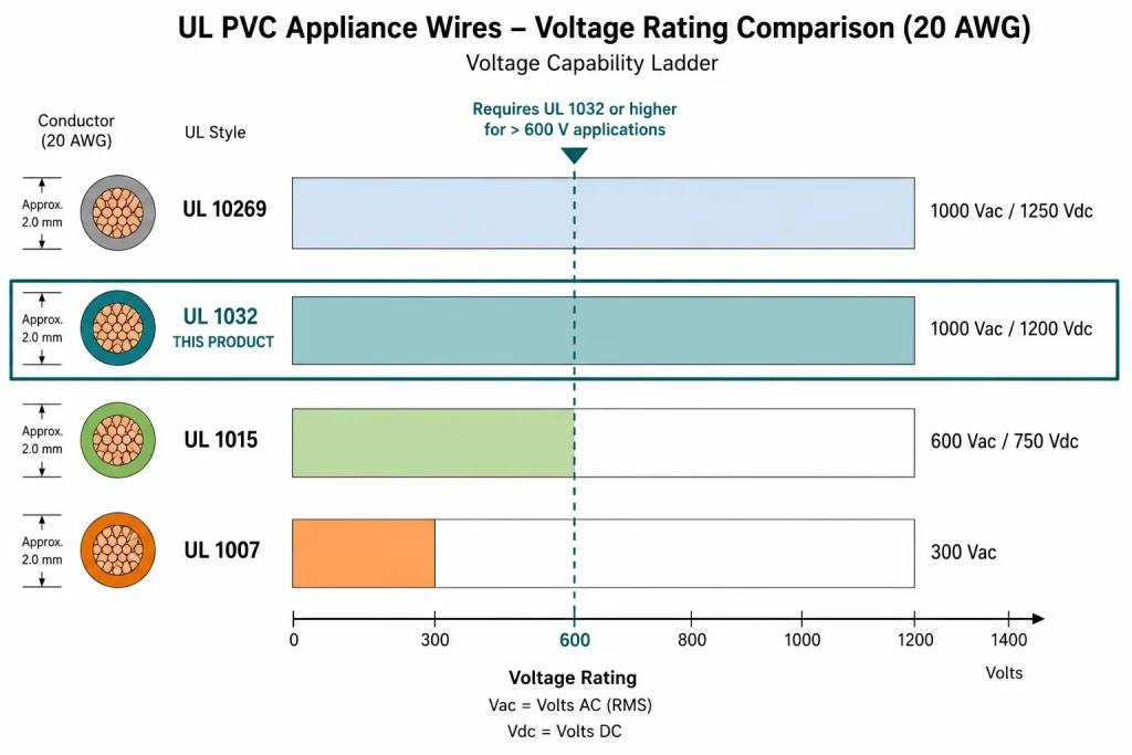 UL 1032 20 AWG voltage ladder diagram comparing 300V 600V 1000Vac 1200Vdc PVC appliance wire styles