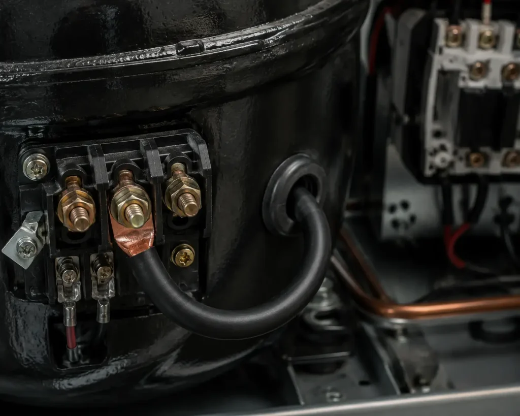 UL 1056 12 AWG PVC lead wire connected to compressor main terminal inside refrigerating equipment