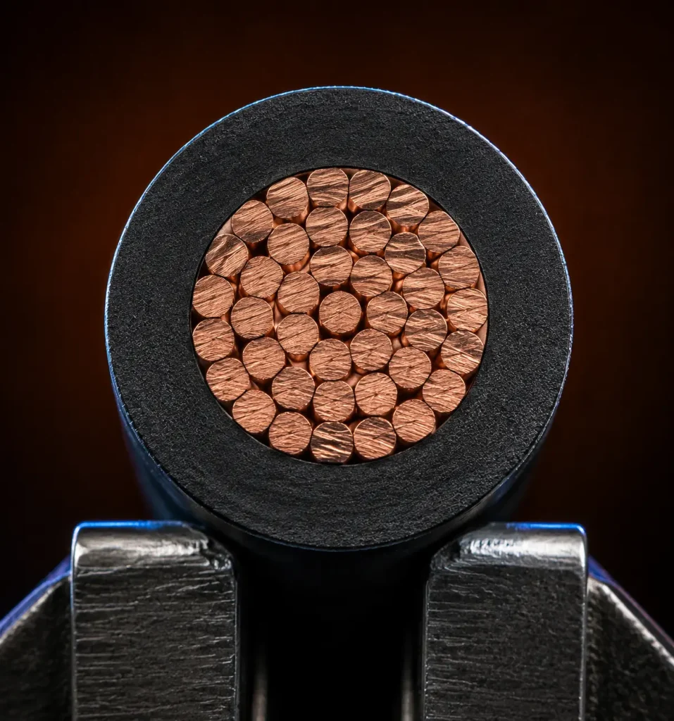 Macro cut end of UL 1056 12 AWG lead wire showing heavy PVC insulation wall and stranded copper conductor