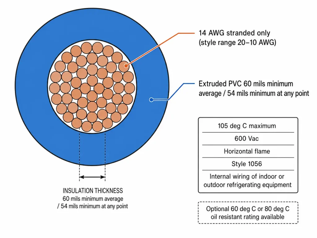 UL 1056 14 AWG technical cross-section diagram, extruded PVC 60 mils minimum average wall, 105C 600V refrigeration wire