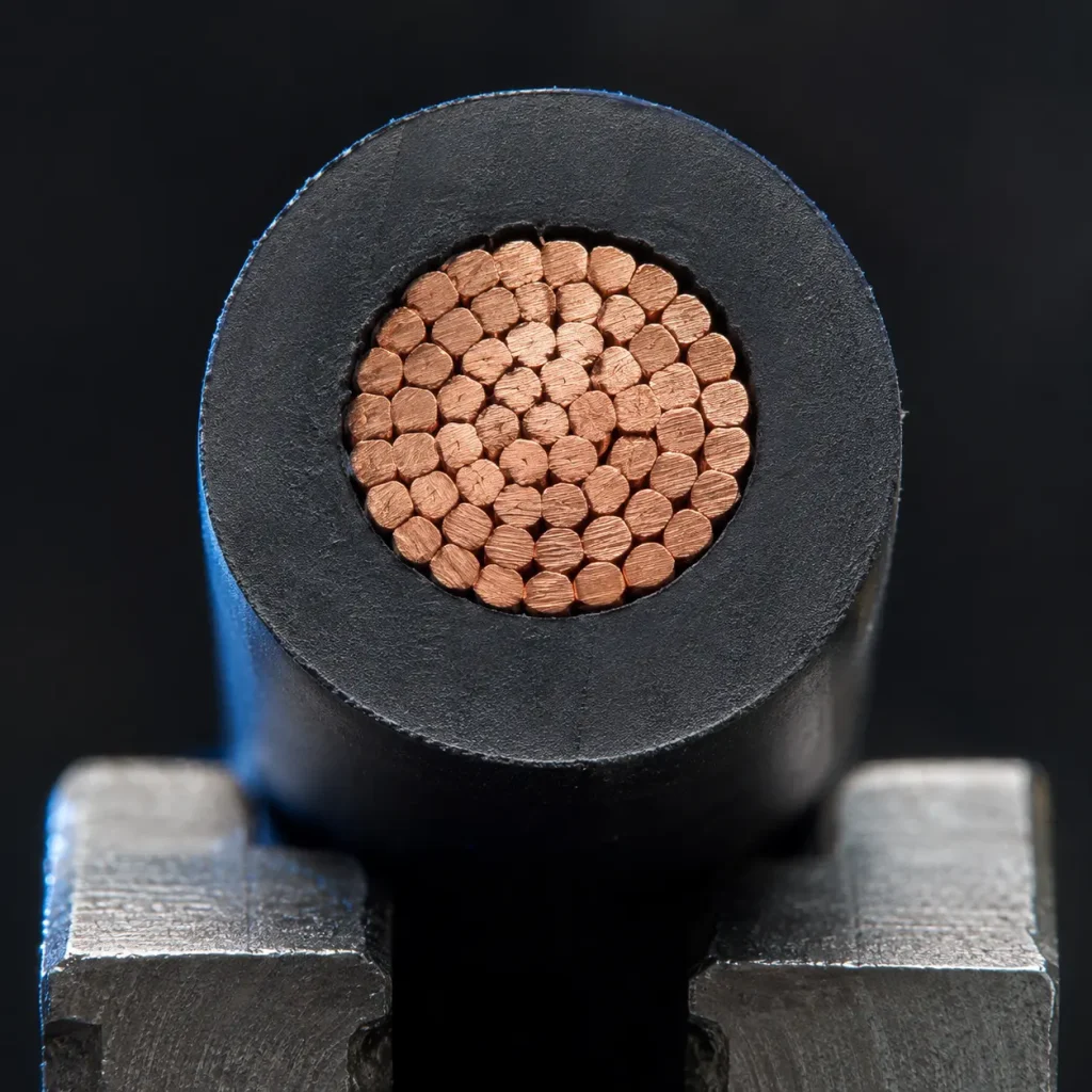 Macro cut end of UL 1056 14 AWG showing thick PVC insulation 60 mils wall and stranded copper conductor cross-section