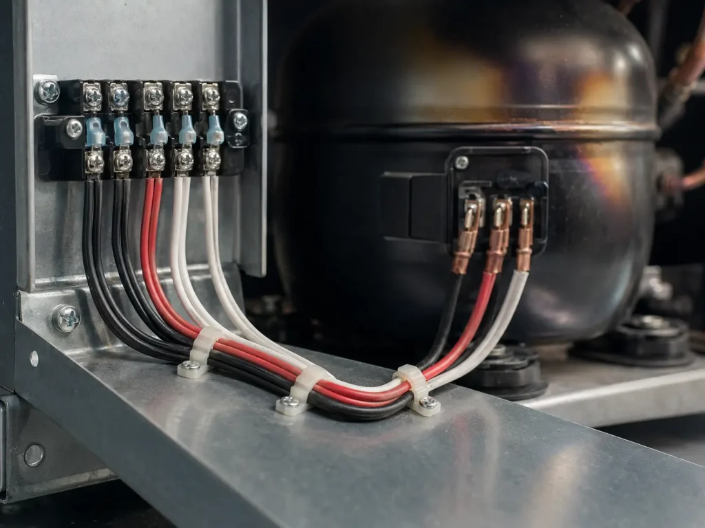 UL 1056 14 AWG PVC wire routed inside refrigerating equipment compressor compartment for motor lead internal wiring