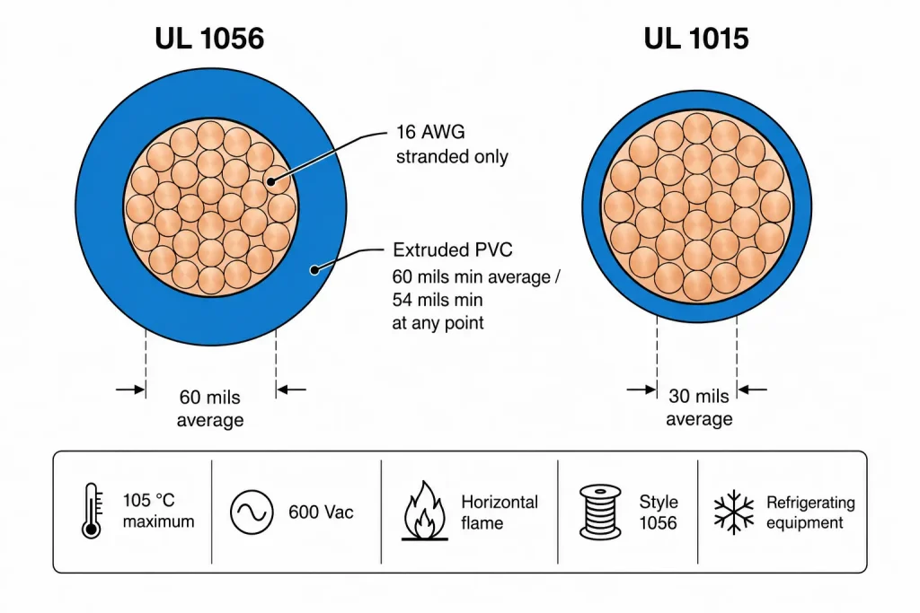 UL 1056 16 AWG cross-section diagram PVC 60 mils average wall vs UL 1015 30 mils, 105C 600V