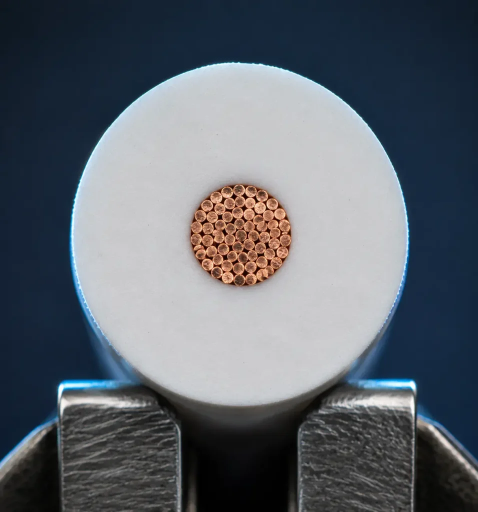 Macro cut end of UL 1056 20 AWG showing thick 60 mil PVC wall around fine stranded copper conductor