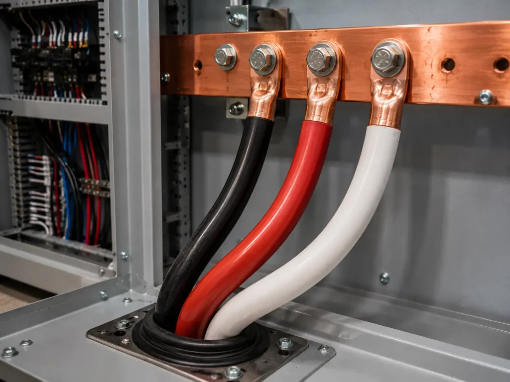 UL 1283 2 AWG PVC wire terminated at main incoming bus connection inside equipment enclosure