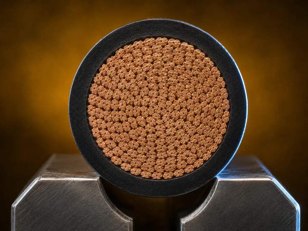 Macro cut end of UL 1283 2 AWG heavy gauge wire showing 60 mil PVC wall and large braided copper conductor