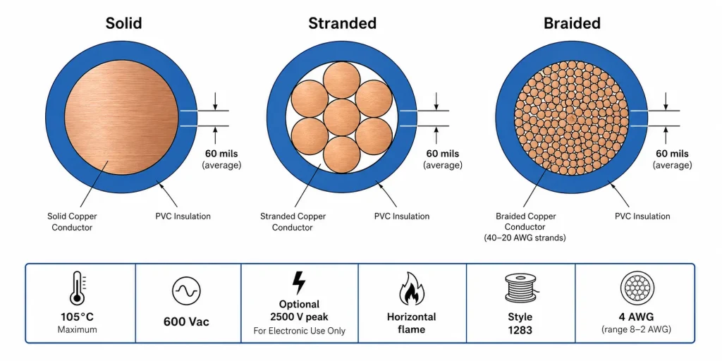 UL 1283 4 AWG cross-section showing three conductor constructions solid stranded braided, PVC 60 mil wall