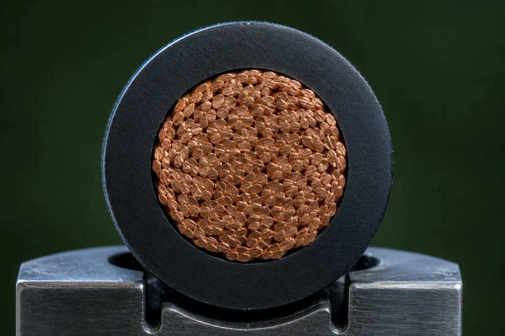 Macro cut end UL 1283 4 AWG wire showing heavy PVC insulation wall and dense braided copper conductor strands